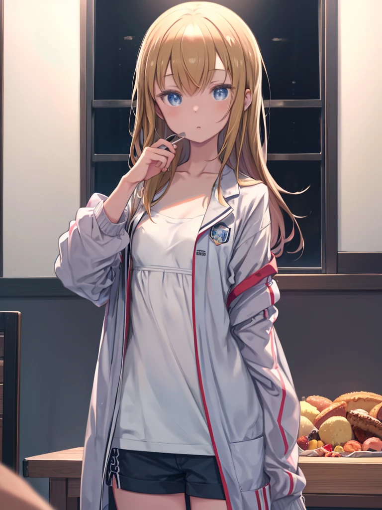 Risu Minami, Right: Kurisu, Long Hair, amount, blue eyes, Blonde, break long sleeves, clavicle, Jacket, Open clothes, Shorts, Food, open Jacket, short Shorts, Food down, Fooded Jacket, break indoors, break looking at viewer, (Cowboy Shot:1.5), break (masterpiece:1.2), Highest quality, High resolution, unity 8k wallpaper, (figure:0.8), (Beautiful attention to detail:1.6), Highly detailed face, Perfect lighting, Highly detailed CG, (Perfect hands, Perfect Anatomy),