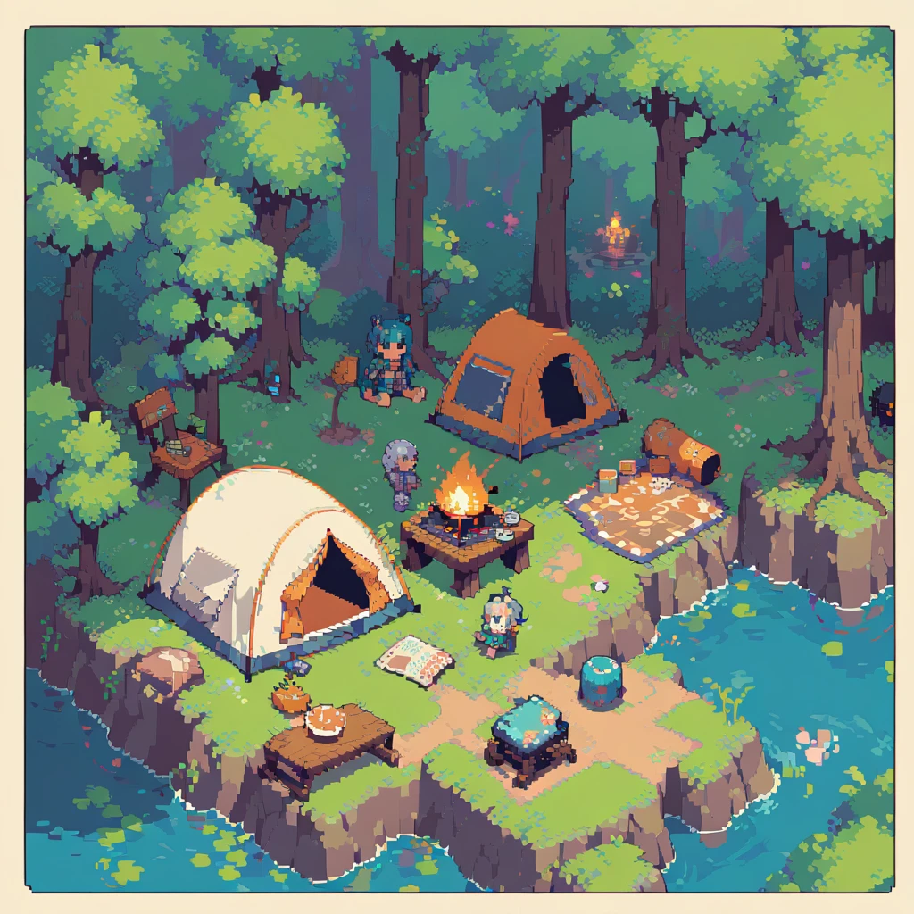Pixel art,Top View，Pixelated, 8bit, Retro games, Camping in the forest, Detailed sprites, Retro Style, Pixel Animation, One man