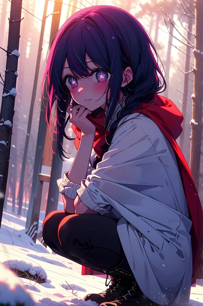 aihoshino, Ai Hoshino, Long Hair, bangs, (Purple eyes:1.1), Purple Hair, (Symbol-shaped pupil:1.5), smile,,smile,blush,white breath,
Open your mouth,snow,Ground bonfire, Outdoor, boots, snowing, From the side, wood, suitcase, Cape, Blurred, , forest, White handbag, nature, Squat, Mouth closed, Cape, winter, Written boundary depth, Black shoes, red Cape break looking at viewer, Upper Body, whole body, break Outdoor, forest, nature, break (masterpiece:1.2), Highest quality, High resolution, unity 8k wallpaper, (shape:0.8), (Beautiful and beautiful eyes:1.6), Highly detailed face, Perfect lighting, Highly detailed CG, (Perfect hands, Perfect Anatomy),