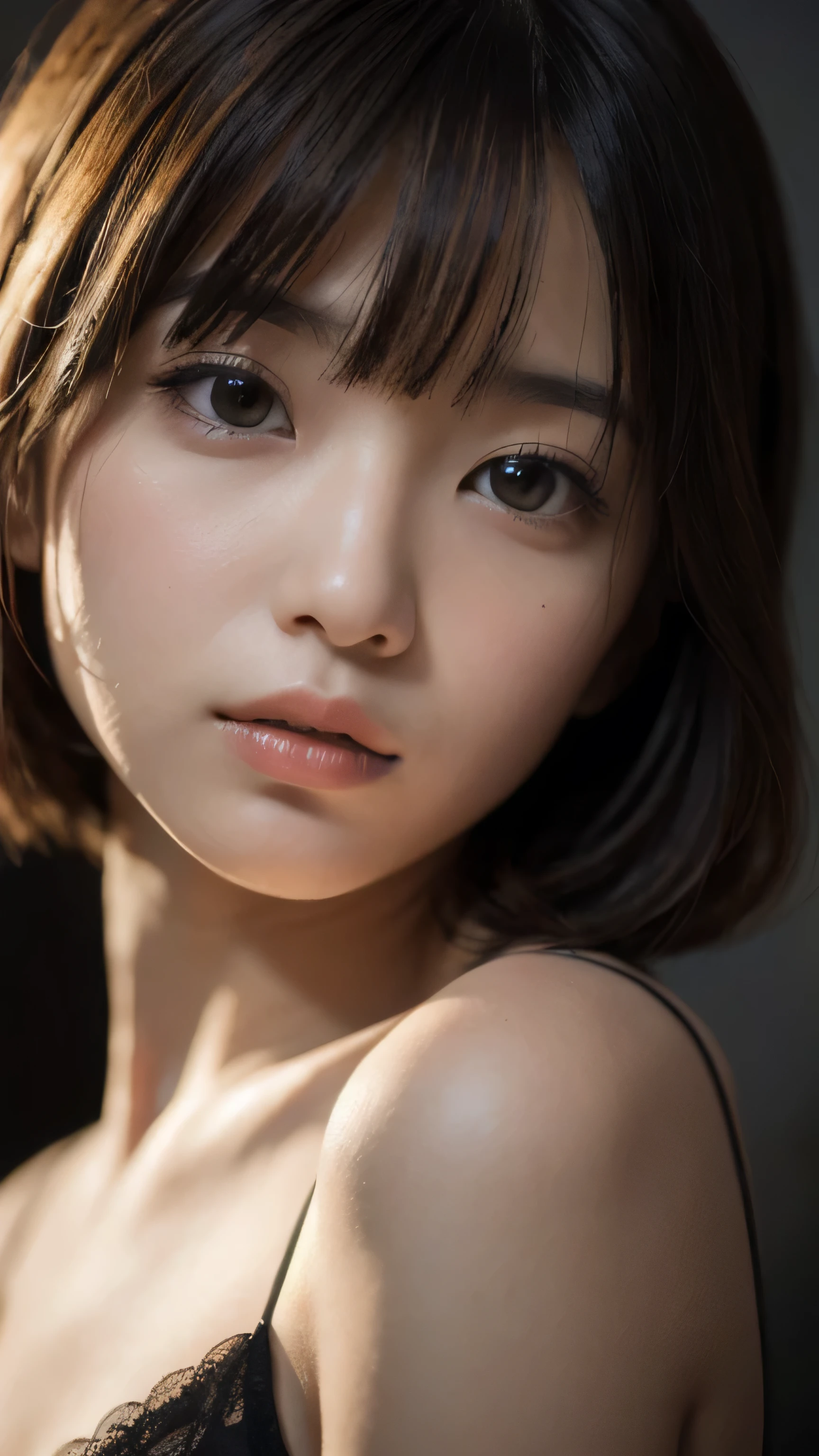 Create a photorealistic masterpiece of a 21-year-old Japanese girl with finely detailed skin texture, showcasing subtle blush and goosebumps on her cheeks. Capture her serious expression, medium-sized breasts, and short hair styled with curls and bangs framing her face. Hair falls between her eyes, adding to the intimate close-up portrait shot. Set against a dark background, highlight her features with dramatic monochrome lighting, creating intricate shadows that define her silhouette. Use a spotlight to cast a striking glow on her face, emphasizing the theme of mystery and intrigue.