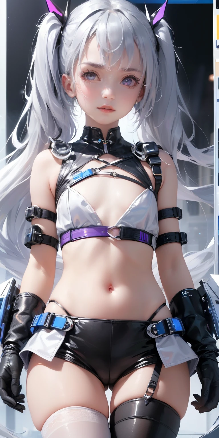((masterpiece:1.4, best quality))+, (ultra detailed)+, (detailed screen UI design:1.4),1girl,cute girl doing live streaming,(detailed layout)+, including elements such as chat box, side bar, (icon),She's in the sidebar of the screen,silver hair,pale-blonde long twintails, violet eyes, cyberpunk,,(white thighhighs), cute girl,blue clothes,(flat chest:1.3), (english text:1.25),