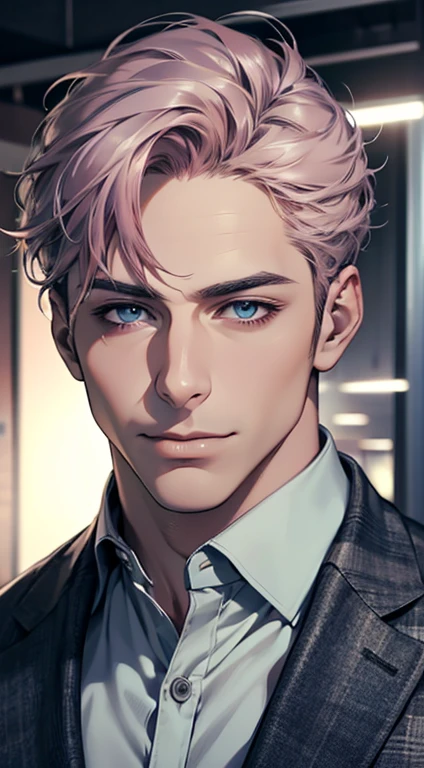 (best quality,4k,8k,highres,masterpiece:1.2),ultra-detailed,(realistic,photorealistic,photo-realistic:1.37),1 man,31 years old,mature man,very handsome,without expression,smile,short grey pink hair,blue eyes,penetrating gaze,perfect face without errors,imposing posture,businessman,office background,cinematic lighting,hdr image