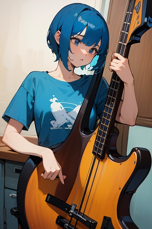 masterpiece,best quality,super detailed,super fine illustration,8k,1girl,blue hair,short hair,blue T shirts,blue pants,chocolate sigarett,break she is playing bass,perfect bass,detailed bass,