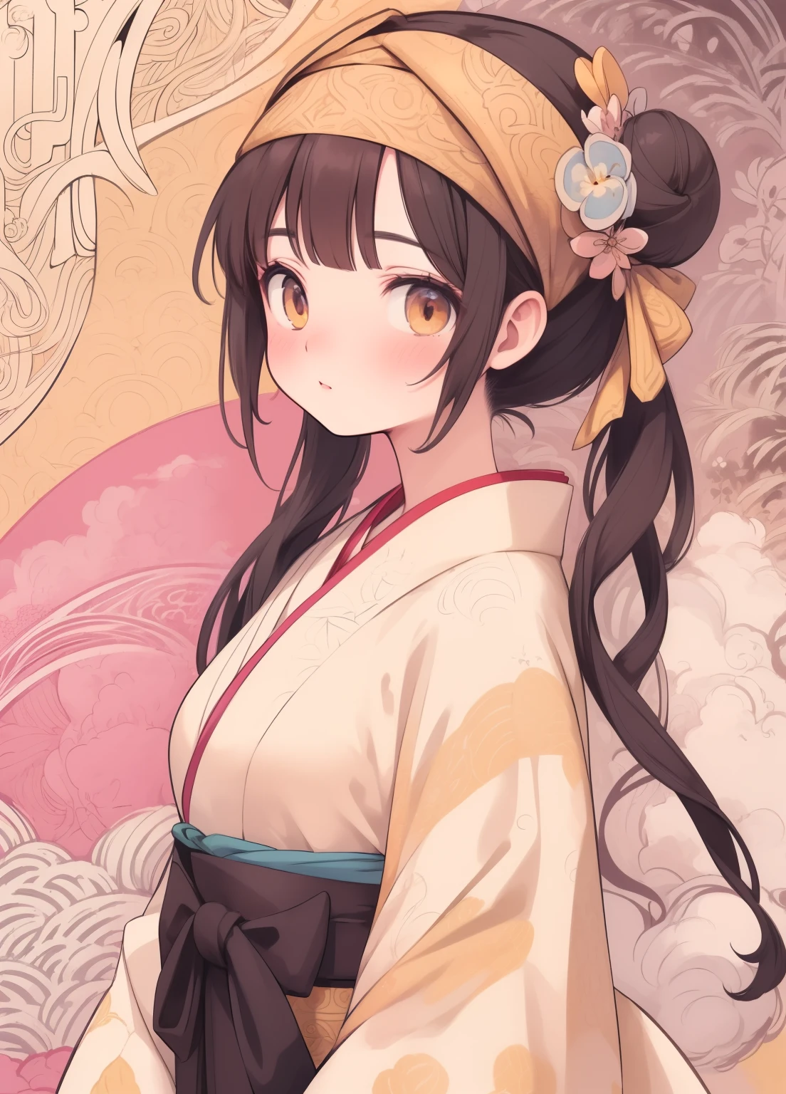 (masterpiece、最high quality、最high quality、Official Art、Beautiful and beautiful:1.2)、(One girl:1.3)Hatsune Miku、Twin tails,Beautiful breasts, Katsushika Hokusai, ((Very detailed illustration)), (Tabletop, 8k), (最high quality, high quality), Perfect Anatomy, Very detailed, Very detailed, Perfect design, First time in 5 years))), Mature Face, Head portrait, Short black hair, Face Focus, adult, suit, Jacket, White shirt, tie, pants, 最high quality, Detail of lack of face)), ((one back bun hair)), ((Blunt bangs)), ((Golden Eyes:1.2)), Big eyes, ((Japan Golden Kimono)), ((Black Hakama)), ((head band)), Hair between the eyes, Buddhist painting, (Beautiful Eyes: 1.1), Absurd, Very detailed, High resolution, Detailed Background, (Art Nouveau: 1.2), Flowing lines, Organic Shapes, Complex patterns, Decorative Design, Graceful shape, Nature inspiration, Zentangle Pattern, Structured Design, Repeating shapes, Contemplative drawing, Creative Expression, Intricate details