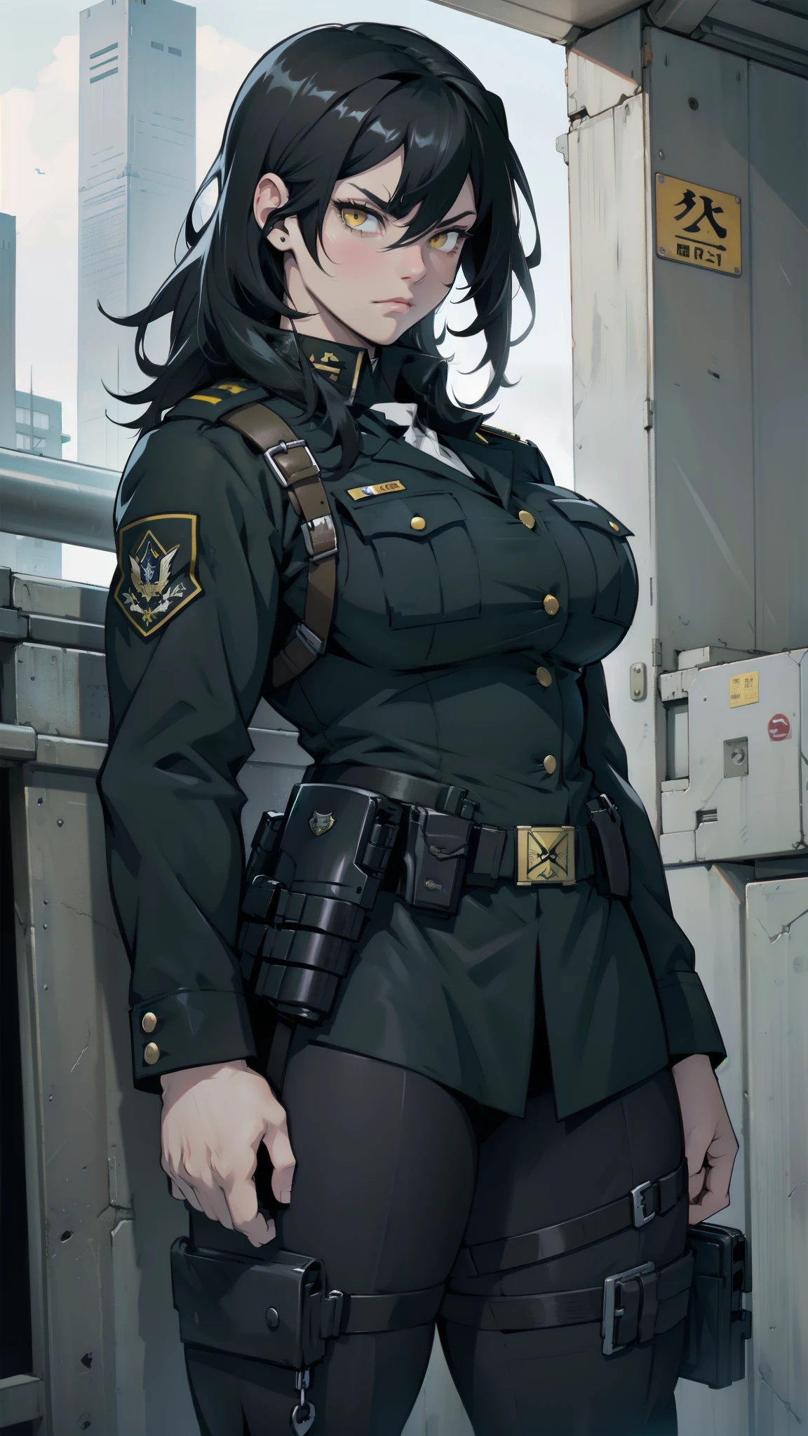 muscular girl thick black hair yellow eyes pale thick breasts holster sad ((black military uniform))