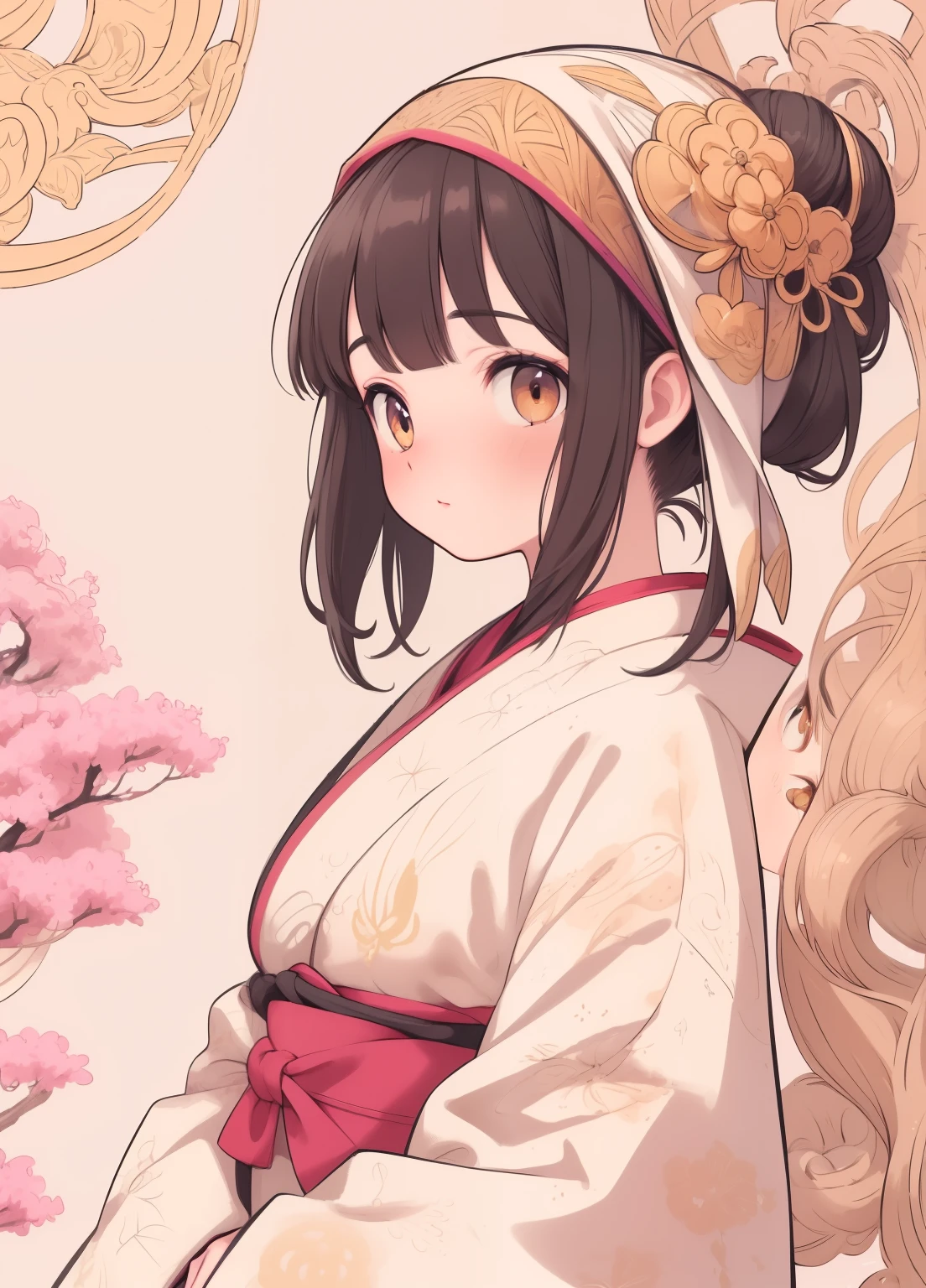 (masterpiece、最high quality、最high quality、Official Art、Beautiful and beautiful:1.2)、(One girl:1.3)Hatsune Miku、Twin tails,Beautiful breasts, Katsushika Hokusai, ((Very detailed illustration)), (Tabletop, 8k), (最high quality, high quality), Perfect ???????, Very detailed, Very detailed, Perfect design, First time in 5 years))), Mature Face, Head portrait, Short black hair, Face Focus, adult, suit, Jacket, White shirt, tie, pants, 最high quality, Detail of lack of face)), ((one back bun hair)), ((Blunt bangs)), ((Golden Eyes:1.2)), Big eyes, ((Japan Golden Kimono)), ((Black Hakama)), ((head band)), Hair between the eyes, Buddhist painting, (Beautiful Eyes: 1.1), Absurd, Very detailed, High resolution, Detailed Background, (Art Nouveau: 1.2), Flowing lines, Organic Shapes, Complex patterns, Decorative Design, Graceful shape, Nature inspiration, Zentangle Pattern, Structured Design, Repeating shapes, Contemplative drawing, Creative Expression, Intricate details