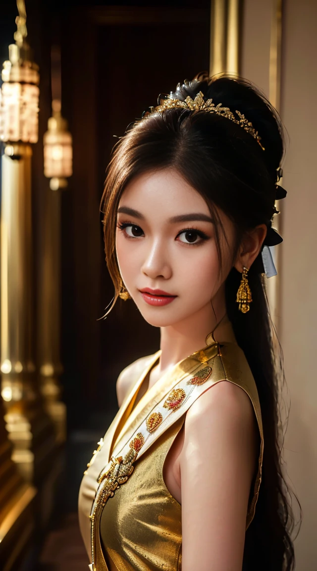 ((Wide shot:1.4))(Photorealistic:1.5),((Detailed beautiful face, detailed beautiful wide eyes, 8K olive green pupil:1.3)),((masterpiece,ultra high quality, ultra high resolution:1.2)),((realistic skin, very detailed details:1.2)),(unity 16K wallpaper:1.1),(HD quality,HDR),((The style of a surrealist painter, a masterpiece of ultra-realistic portraits, an epic work of a photography expert)),((nikon d750 f/1.4 55mm)),((dynamic angle,professional lighting, physically-based rendering)),((Bright colors)), (Beautiful and Realistic thai girl),(Sexy and attractive face, perfectly proportioned body),((small breasts)),((light brown hair,long wavy hair,front ponytail)),((Venus of the East)), ((Thai princess:1.3)),(Gorgeous thai costumes with intricate details,Gorgeous dress,Gorgeous gold ornaments, intricate details,ornate jewelry accessories,Gorgeous fringe, intricate details,Various gemstones:1.2),((thai buddhist temple))