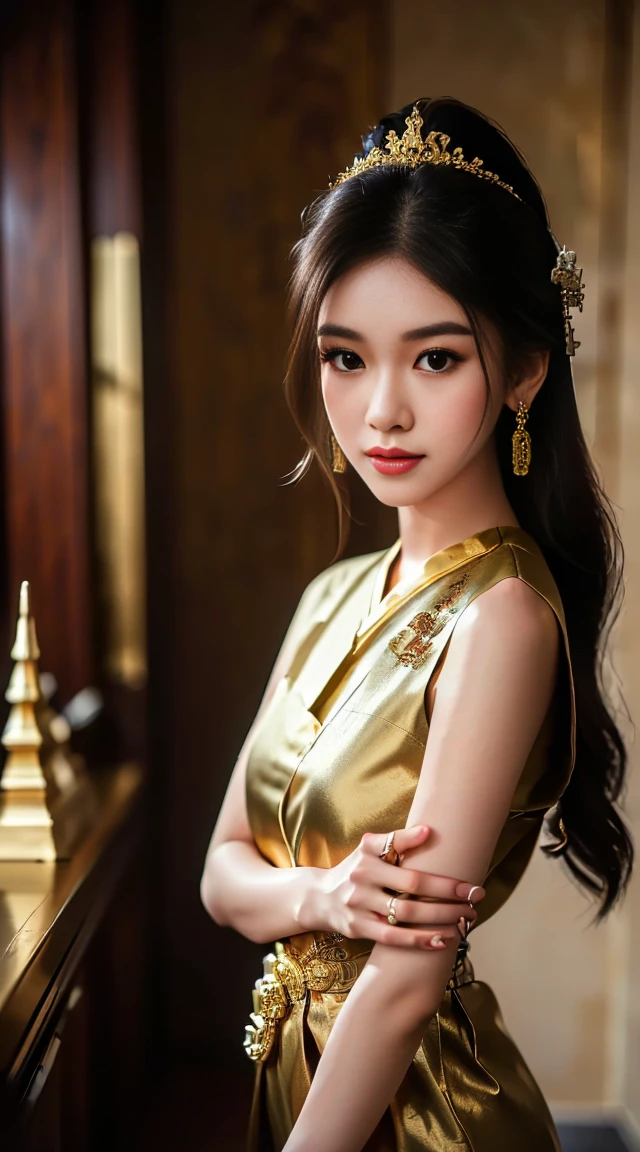 ((Wide shot:1.4))(Photorealistic:1.5),((Detailed beautiful face, detailed beautiful wide eyes, 8K olive green pupil:1.3)),((masterpiece,ultra high quality, ultra high resolution:1.2)),((realistic skin, very detailed details:1.2)),(unity 16K wallpaper:1.1),(HD quality,HDR),((The style of a surrealist painter, a masterpiece of ultra-realistic portraits, an epic work of a photography expert)),((nikon d750 f/1.4 55mm)),((dynamic angle,professional lighting, physically-based rendering)),((Bright colors)), (Beautiful and Realistic thai girl),(Sexy and attractive face, perfectly proportioned body),((small breasts)),((light brown hair,long wavy hair,front ponytail)),((Venus of the East)), ((Thai princess:1.3)),(Gorgeous thai costumes with intricate details,Gorgeous dress,Gorgeous gold ornaments, intricate details,ornate jewelry accessories,Gorgeous fringe, intricate details,Various gemstones:1.2),((thai buddhist temple))