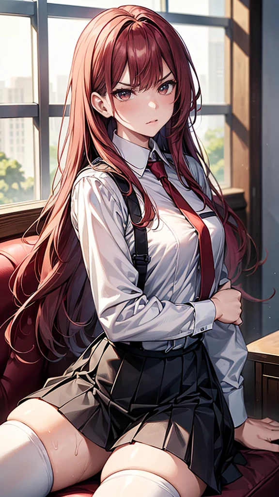 {{masterpiece}}, {{{Highest quality}}},{{Very detailed}},Sitting in a chair in an office with a serious expression,profile,from side,Cowboy Shot,Focus on legs{{{Sitting in a chair in an office with a serious expression成熟した女性}}},{{疲労でSweatをかいている成人女性}},Sweat,Hold the arm with one hand ,sit,{{Blushing}},{{V-shaped eyebrows}},{{Long sleeve mini skirt uniform}},{{suspenders}},{{{}},{椅子にsit}},{},, ,{{}},{{Eyelet foot}},,{{}},{{}},,Slender body}}{{Female police officer}},,,,suspenders ,Long sleeve mini skirt uniform, White High Socks,Black fingerless gloves, Long Red Hair, Red tie,Straight hair ,Blunt bangs,.amountn loafer,,blush,Wrinkles ,amount,Grit your teeth,suffering,v-shaped eyebrows.,Sweat dripping,Medium chest ,get annoyed,,Inside the office,
