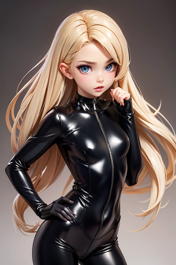 Wearing a leather jacket over a bodysuit　babes　smile on face　Long　smile on face　beautiful a girl　ponie tail　a blond　the best quality　A masterpice　beautiful a girl