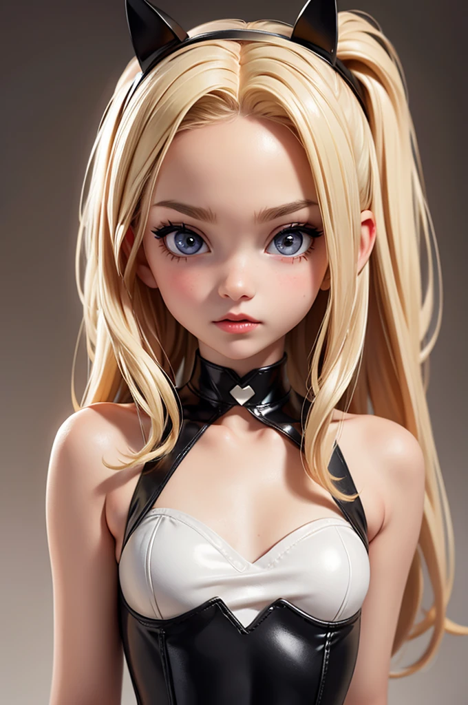 hyperrealistic  american teen, blondittle, perfect tiny body, sexy, dark makeup, small choker, perfect slim face, big red lips, very cute face, tiny body, big eyes, young looking, childish looking, leather bodysuit, showing tits