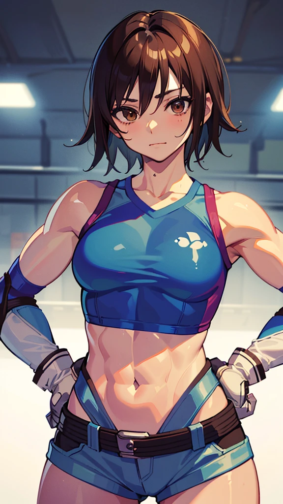 "(masterpiece、Premium Quality:1.2)、alone、1 girl(Kazama Asuka、Muscular Woman、Short brown hair、White skin、Brown eyes)、Cowboy Shot、A faint smile、Hands on hips、Tight clothing、Great for sports、Crop top、Shorts、(gloves:1.1)、internal、Elbow pads、abdomen、Trained abdominal muscles、Trained biceps、Excessive sweating on the face