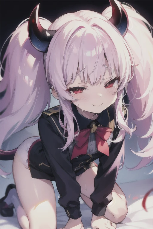 pretty girl、Young face、long silver Hair、long Twin tails、Pink eyeischievous face、Spoiled brat、uniform、Immature body、Small breasts、smile、Sweat、(Thick thighs:1.5)、very little demon horns and tail、red eyes、On all fours、Backwards、looking at viewer、sweat、pink tattoo on her abdomen、