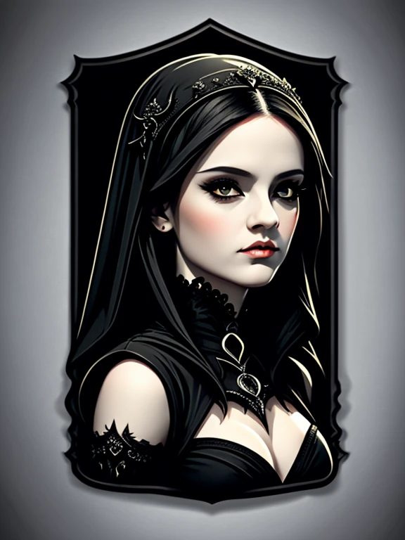 a t-shirt design,a gothic woman in a black dress,gothic art,beautiful,scary gothic maiden,dark fantasy style art,gothic fantasy art,dark fantasy portrait,white background.no shadows. vector