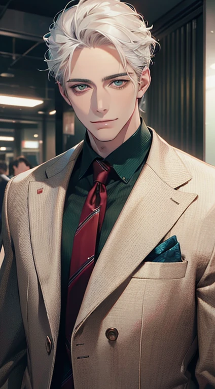 (Highest quality,4K,8K,High resolution,masterpiece:1.2),Super detailed,(Realistic,photoRealistic,photo-Realistic:1.37),1 person,34 years old,Mature Men,Beautiful skin、very handsome,Expressionless smile in love,Short white hair,green eyes,Sharp Eyes,A perfect face without a doubt,Businessman, CEO, Office Background,Cinema Lighting,HDR image,tie、