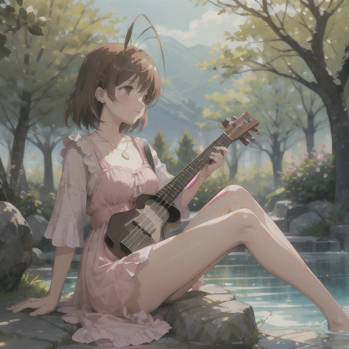 detailed illustration, masterpiece, natural lighting, midday, digital artwork, extremely detailed, cute dress, extremely detailed clothes, forest background, bushes, cherry trees, noon, dusk, spring, fall, natural lighting, girl, perfect anatomy, detailed eyes, blush, small breasts, messy hair, necklace, earrings, legs in pool, wet legs, a lot of small clouds, sitting on rock, pink leaves on ground, mountains in the back, furukawa_nagisa_clannad, playing ukulele, pink under wear, pink panties