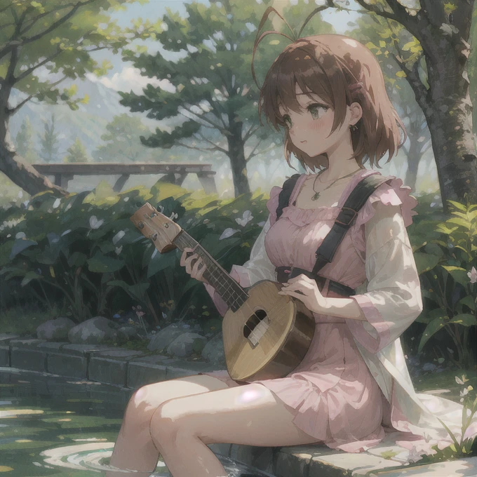 detailed illustration, masterpiece, natural lighting, midday, digital artwork, extremely detailed, cute dress, extremely detailed clothes, forest background, bushes, cherry trees, noon, dusk, spring, fall, natural lighting, girl, perfect anatomy, detailed eyes, blush, small breasts, messy hair, necklace, earrings, legs in pool, wet legs, a lot of small clouds, sitting on rock, pink leaves on ground, mountains in the back, furukawa_nagisa_clannad, playing ukulele, pink under wear, pink panties