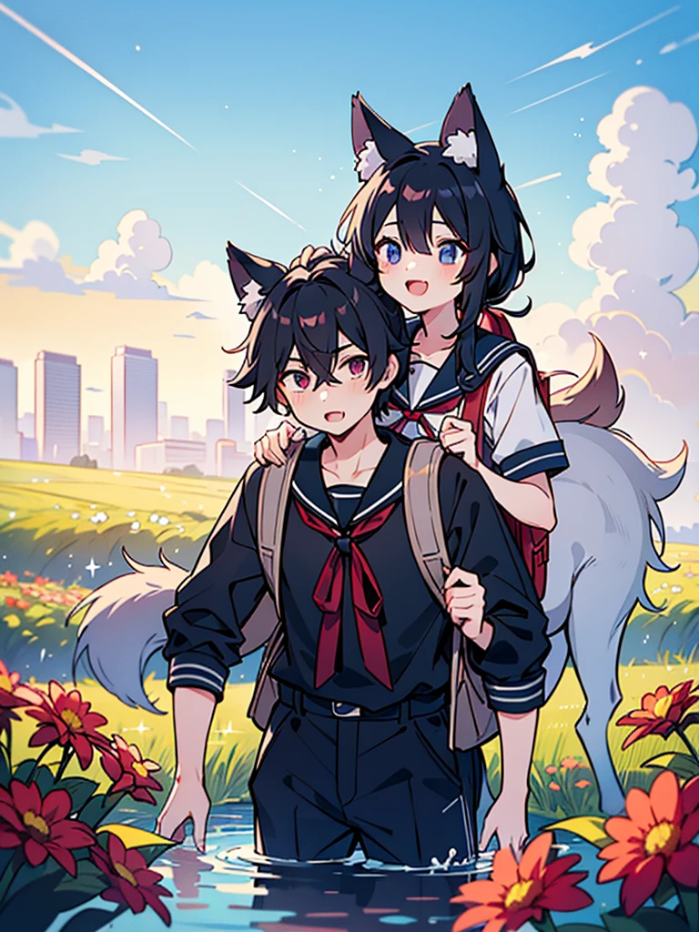 Super skilled anime illustration, girl (really boy), fenrir boy, cute boy, wolf ear tail, long hair, black hair, black sailor suit, big red ribbon, cool,Dressed for a field trip with a backpack on his back and a water bottle slung over his shoulder! Excitement and a twinkle in your eye,