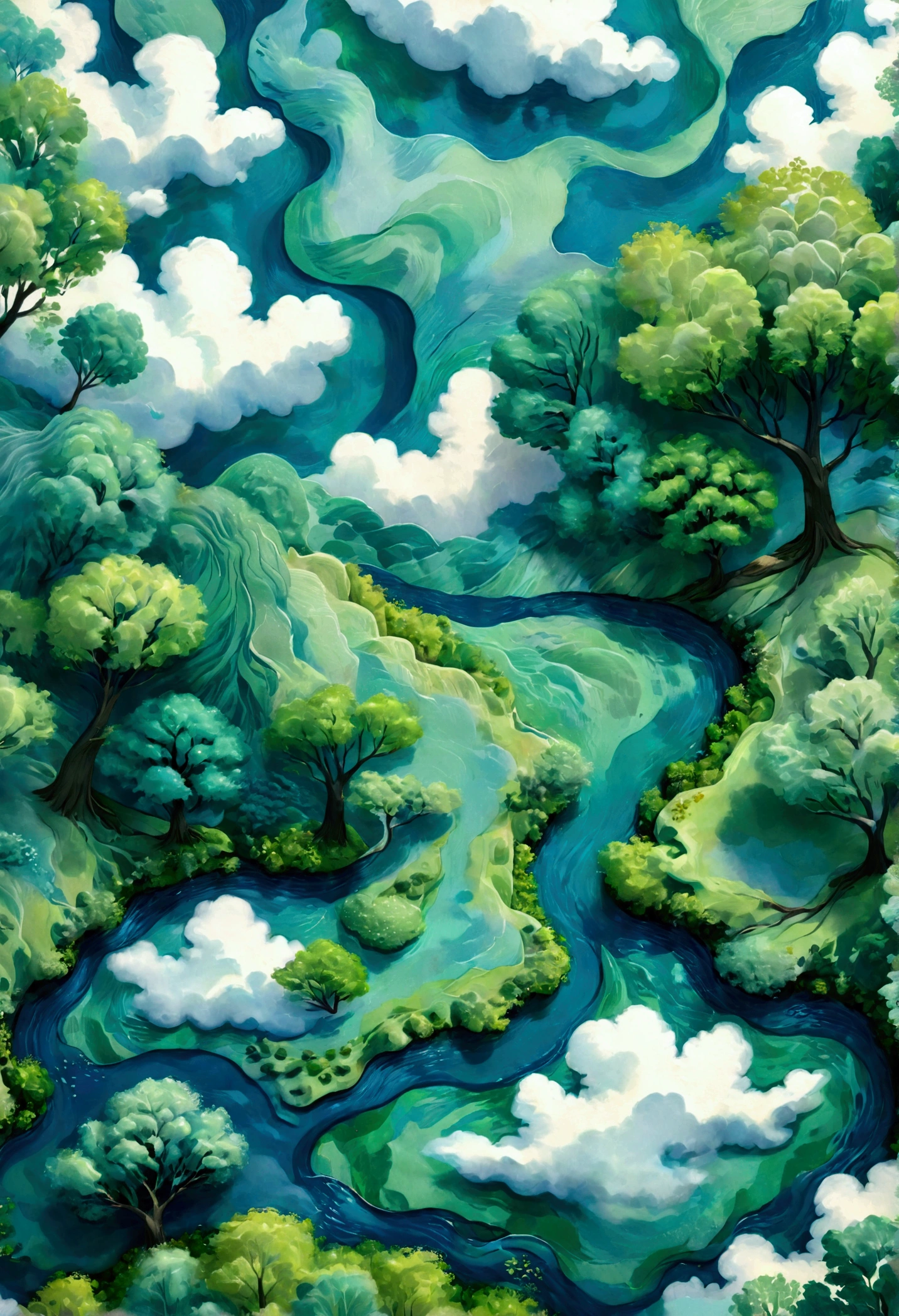 A blue river, green trees and white clouds, top view, patterned paper background, light sky blue and emerald green, soft colors, bright, a whimsical children's book illustration