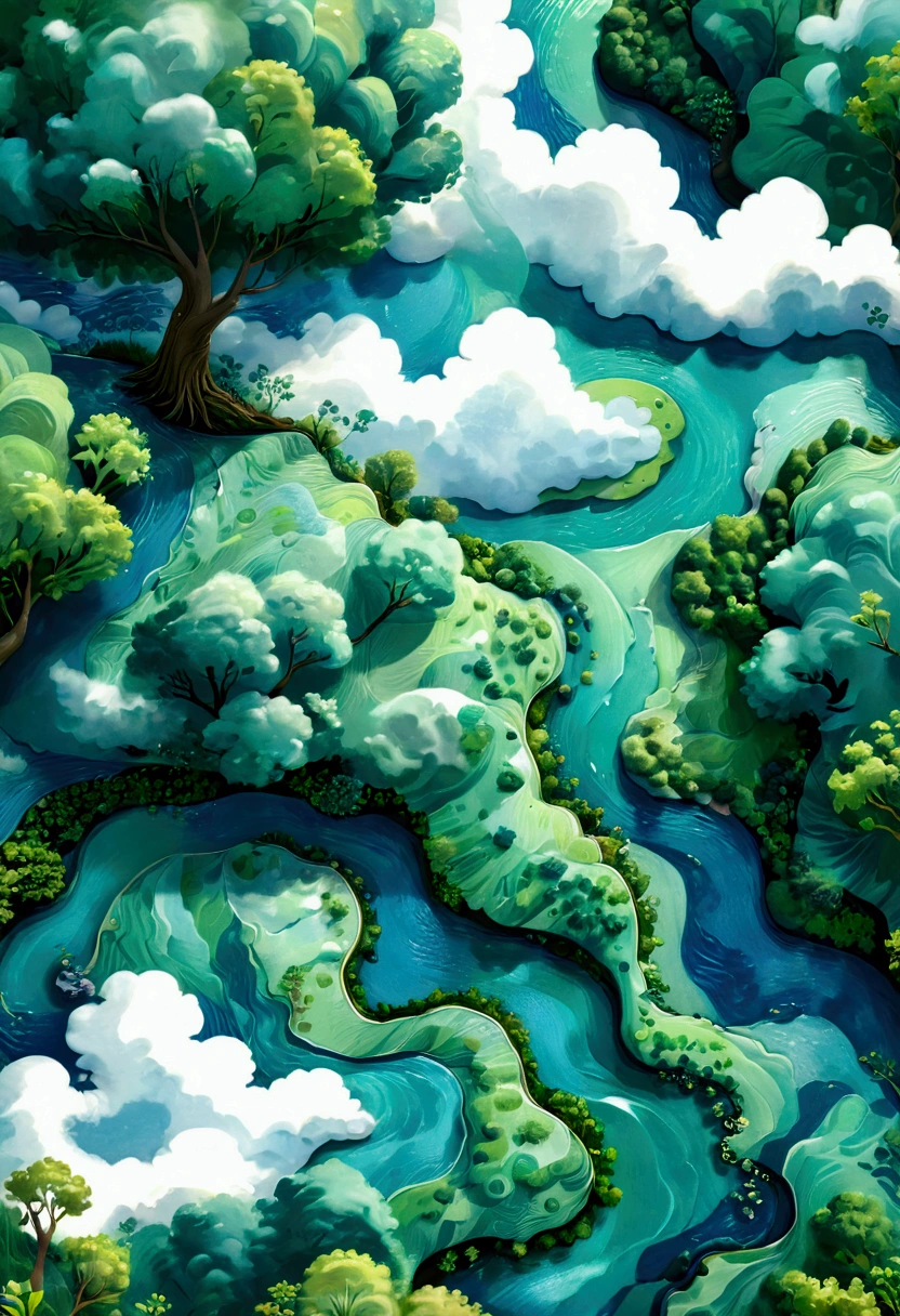 A blue river, green trees and white clouds, top view, patterned paper background, light sky blue and emerald green, soft colors, bright, a whimsical children's book illustration