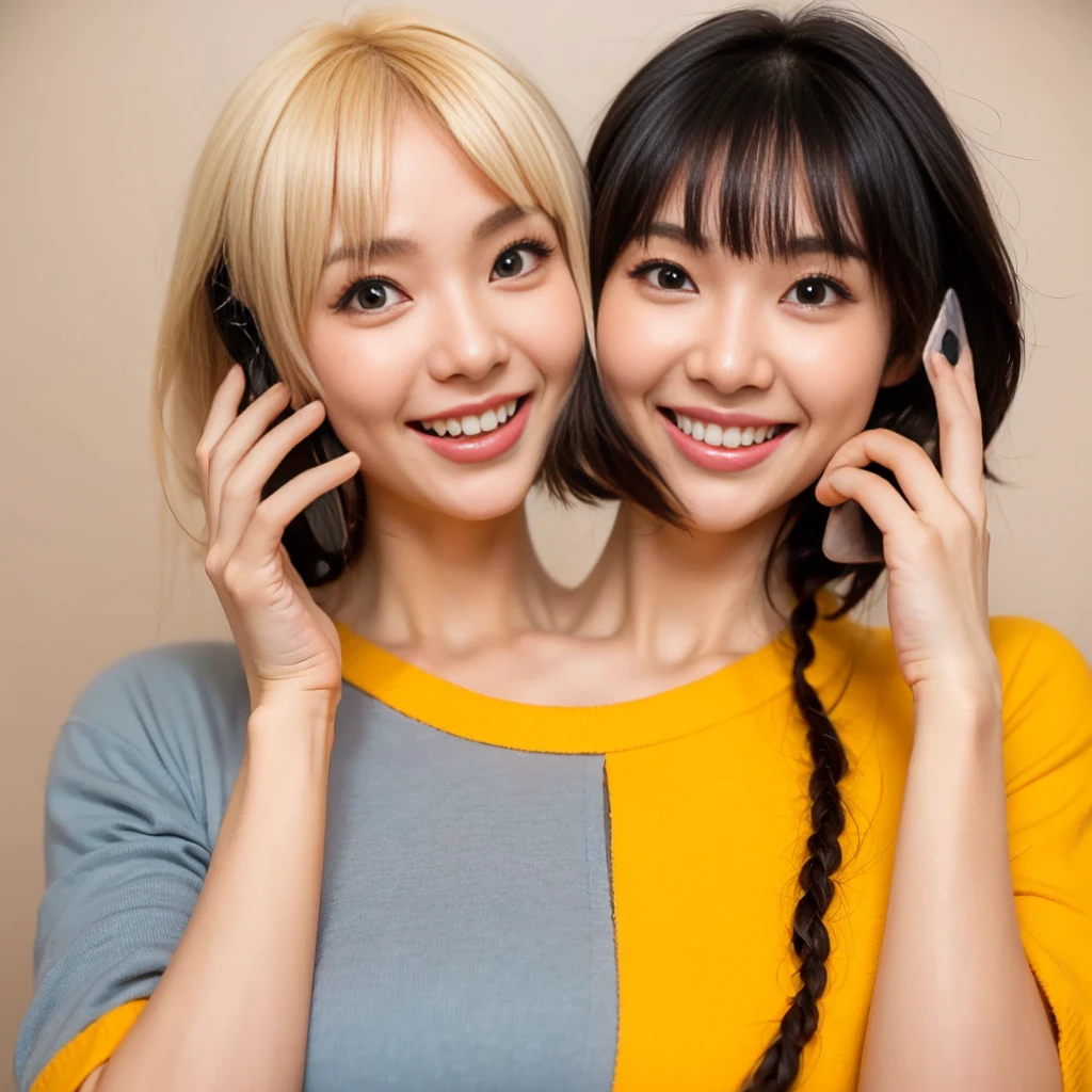 Best resolution, 2heads, korean woman with two heads, blonde, black hair, holding smartphone and telephone, different faces,