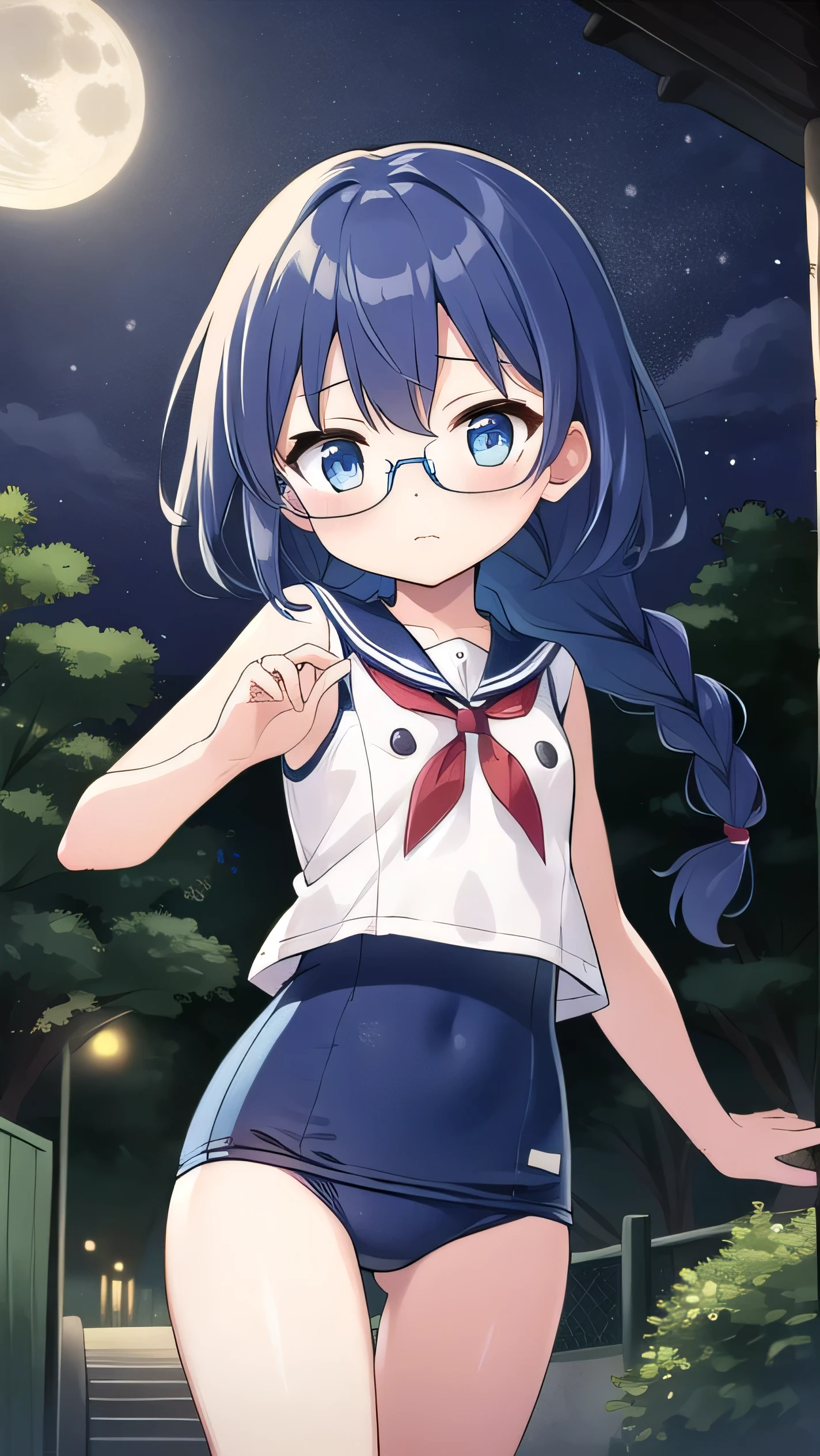 small breasted girl, short, , blue hair, single braid, blue eyes, round eyes, shy, shy, , short, young face, short height, , glasses with no edges,night,walking，night, dark,  moonlight，all the street lights are out，in the forest， school swimsuit