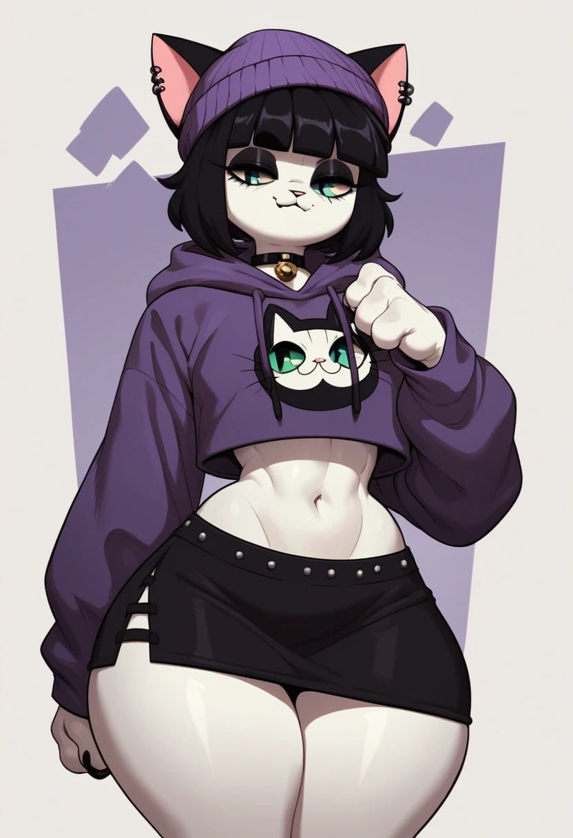 anthro cat boykisser ,beanie , wearing goth Clothing ,((wearing Purple hoodie))  , white body ,((cat Black ears)) , wearing skirt, wide hips,