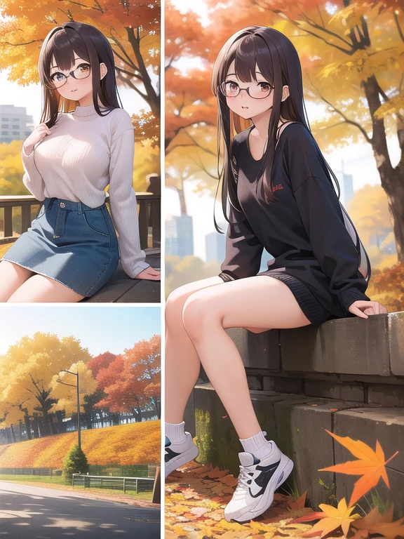 masterpiece, Best quality,ultra detail, a comic , (a comic_panel_layout) brown long hair,girl,Brown eyes,Glasses,sweater with neckline on naked body, sneakers,autumn leaves,Park