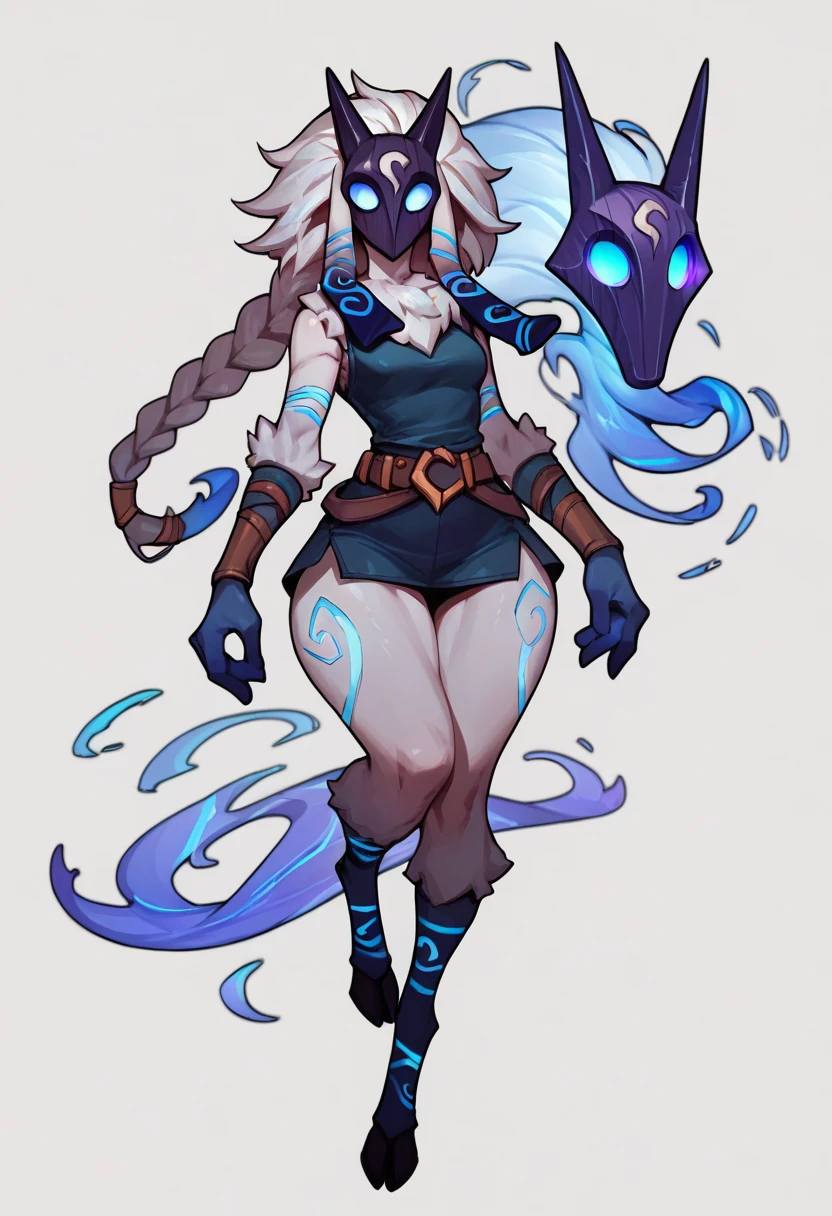 score_9, score_8_up, score_7_up, score_6_up, score_5_up, score_4_up,1girl, League of Legends ,Kindred Female Lamb ,big hips, long hair braid , Belt ,mask ,Full body , armwear , pose 