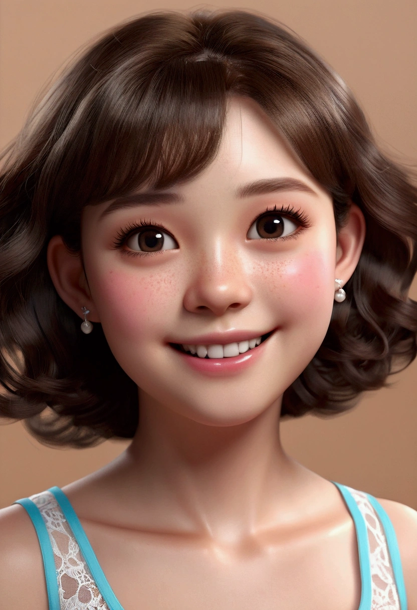 anatomically accurate body, Masterpiece, best quality, high resolution, very detailed, smile a little, (8ก, RAW photos,best quality, high resolution:1.1), (hyperrealistic:1.4),(realistic, photorealistic:1.3), soFt light,big breasts, one cute 18yo girl,realistic Face,realistic body,realistic skin,vanity,Masterpiece,(cute:1.8), black eye details,Innocent eyes.,blushing,short skirt,cinema light,Film grain,decorations, earring,((medium hair:1.1)),((floating hair)),beige lips, upper body,lips slightly open, upper teeth, (Smiling eyes:0.6),Depth oF Field, blurred background, eye focus, young, 85 mm lens, F/1.4,ProFessional Lighting,Portrait,Photon mapping,ray,Physical rendering,Asia,Wear a lace sports bra, Photo From the thigh up,