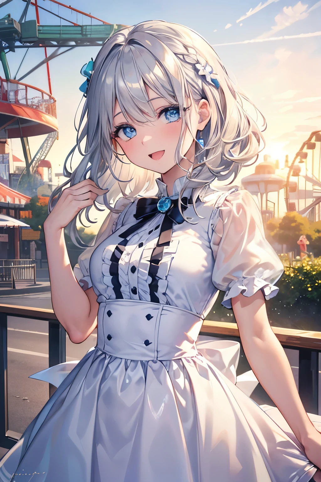 (Best quality,4K,8K,High resolution,Masterpiece:1.2),Super detailed,(Actual, Realistic),
break,
((Beautiful clear blue eyes:1.2)),very kind eyes,eyes wide open,beautiful eyelashes,beautiful lower eyelashes,
break,
((Beautiful and shiny silver hair:1.3)),A dazzling smile, a bursting smile, an open mouth laugh,
break,
Short sleeve bright green dress shirt with ruffles,
break,
very happily,((bust shot)),zoom in,amusement park
