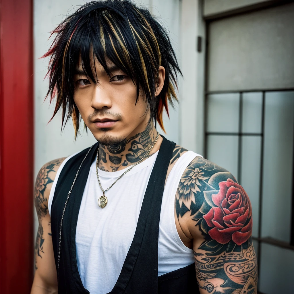 1 man, Japanese man, male, Asian eyes, muscular, broad shoulders, yakuza tattoos, hairstyle Visual Kei style, hair Visual Kei, black men's shirt and black pants, ultra detailed face, hyperrealistic, realistic representation, long hair, long hair, 30 years old, age 30 years, blond, blonde hair