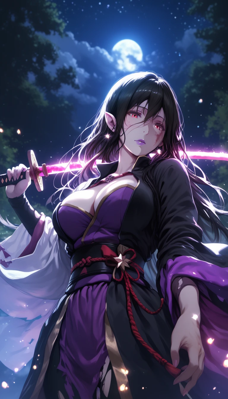 (hero neisan art style:0.7), (hews art style:0.7), score_9, score_8_up, score_7_up, score_6_up, uncensored, black hair, red eyes, purple lipstick, hair between eyes, long hair, short pointy ears, pale skin, BREAK (masterpiece:1.2), best quality, high resolution, (detailed eyes:1.3), perfect lighting, (perfect hands, perfect ???????), large breasts, night, sword, 1girl, katana, night_sky, solo, japanese_clothes, sky, cleavage, wide_sleeves, sheath, earrings, star_(sky), over_shoulder, looking_at_viewer, detached_sleeves, moonlight, outdoors, shaded face, looking down, expressionless, lips, torn clothes, burn scar, glowing sword, bokeh, shimmering light, sparkle, 