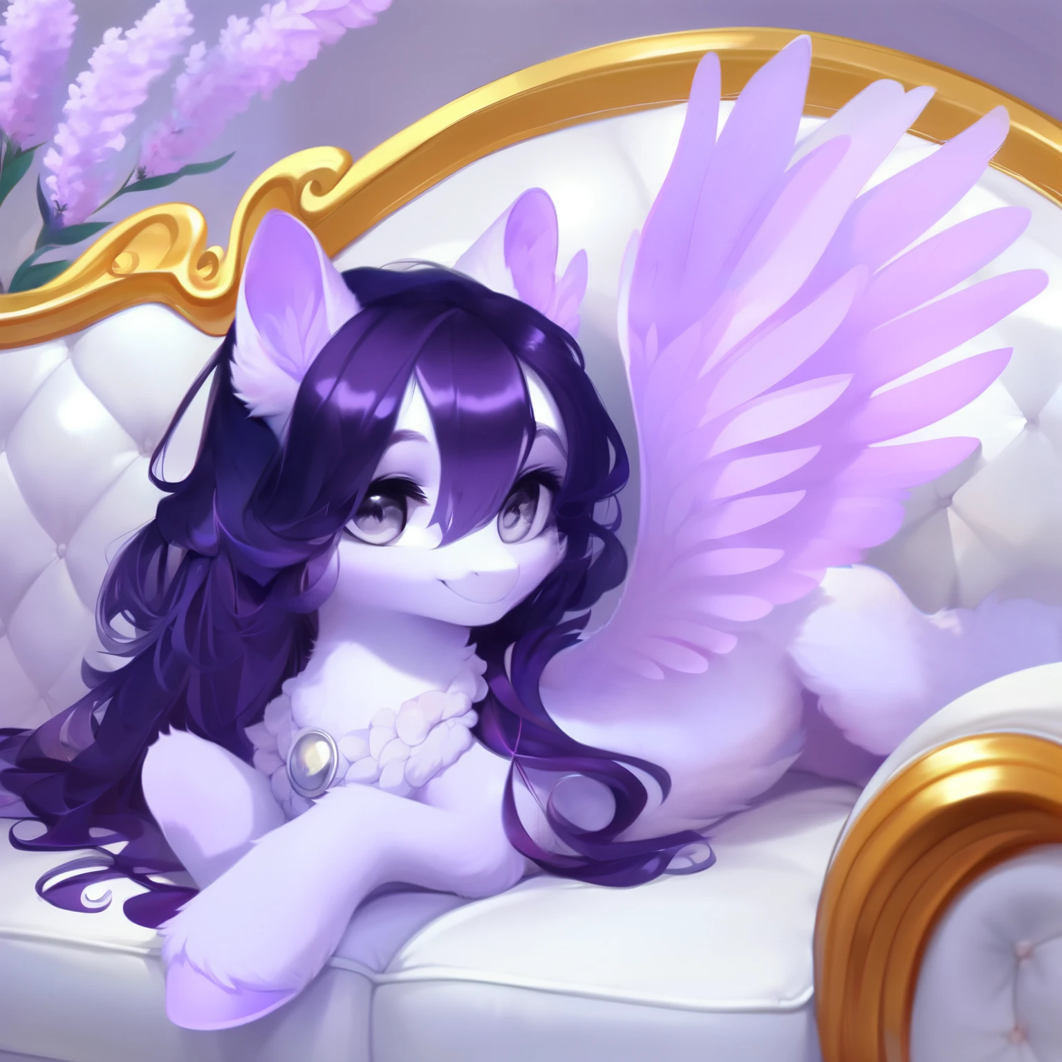 rating_safe, score_9, fluffy, feral pegasus pony, female,round cute face， Lavender purple body, black-purple mane, disheveled hair, soft and delicate long hair, clear grey eyes, grey eyes, smiling. dynamic。young and beautiful。Lying on the sofa，White sofa，Cool。whole body