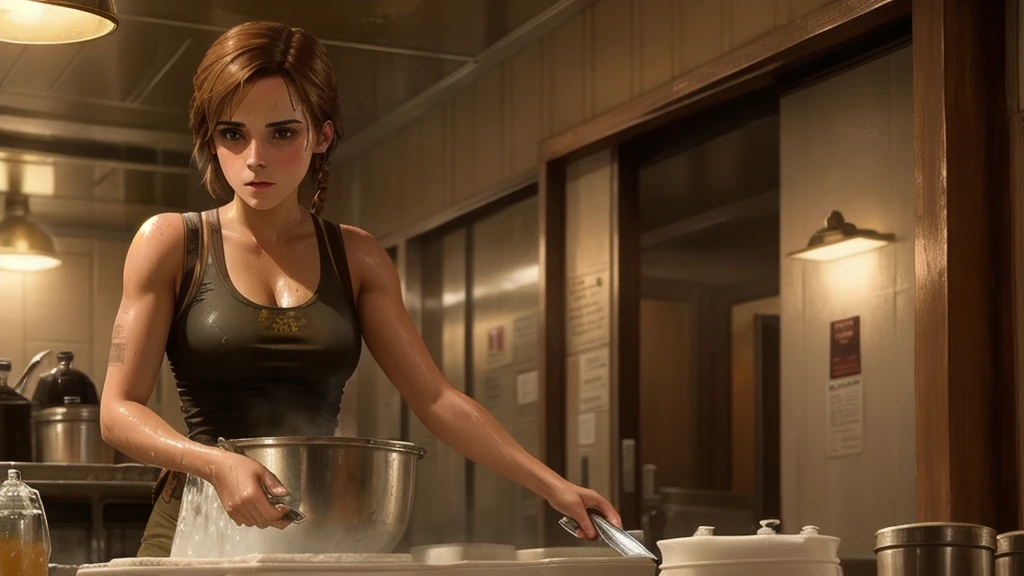 emma watson as tomb raider washing dishes at a greasy diner