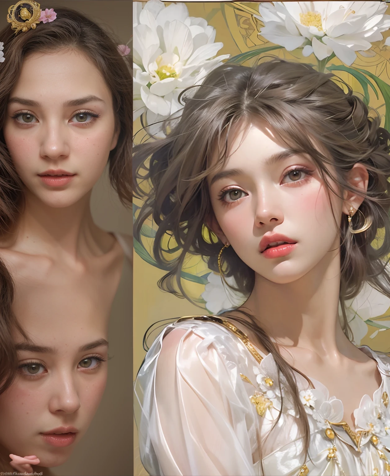 Vertical face of ridiculous beauty, funny, elegant,, Fashionable teenage girl with white petals in her hair, Slim, highly detailed illustrations by Kim Jung Gi., อิloveว่ายน้ํา, Directed by: Alphonse Mucha, Ayami Kojima, love, Greg Hildebrandt, Mark Brooks, female, ของผู้female, complex line of work