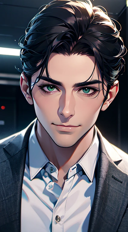 (best quality,4k,8k,highres,masterpiece:1.2),ultra-detailed,(realistic,photorealistic,photo-realistic:1.37),1 man,31 years old,mature man,very handsome,without expression,smile,short grey black hair,green eyes,penetrating gaze,perfect face without errors,imposing posture,businessman,office background,cinematic lighting,hdr image