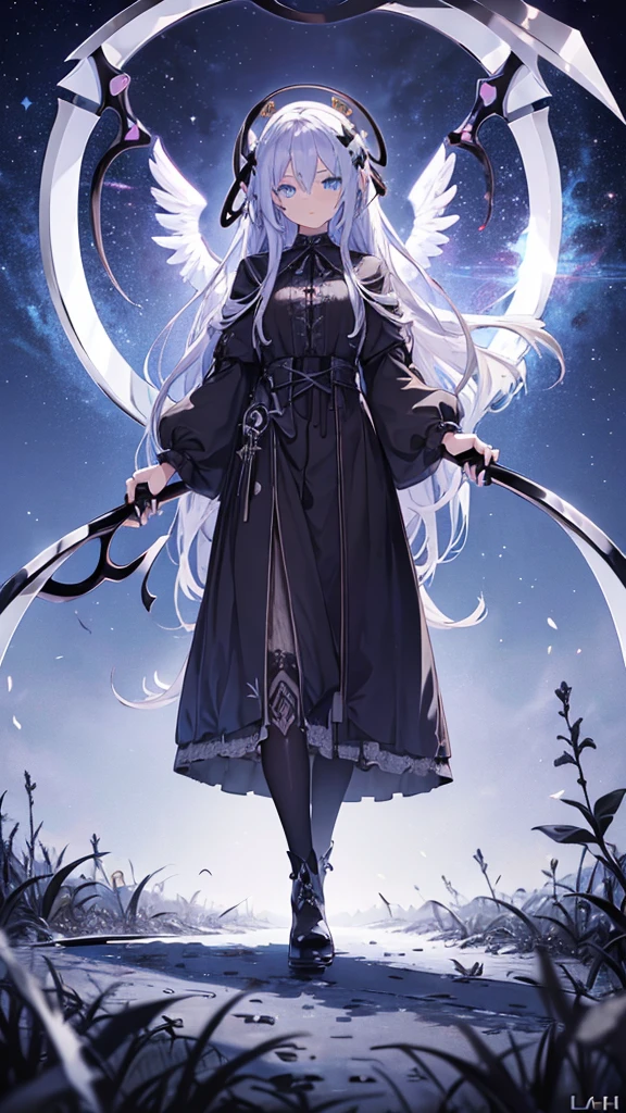 1 girl, ((glowing angel ring:1.4)), standing full body shot:1.4, very long hyacinth gradient hair, frosty blue eyes, ((huge death scythe:1.6)), black gothic ta, black long boots, (best quality,4k,8k,highres,masterpiece:1.2),ultra-detailed,(realistic,photorealistic,photo-realistic:1.37), only black background, dramatic lighting, official art beautiful intricate details