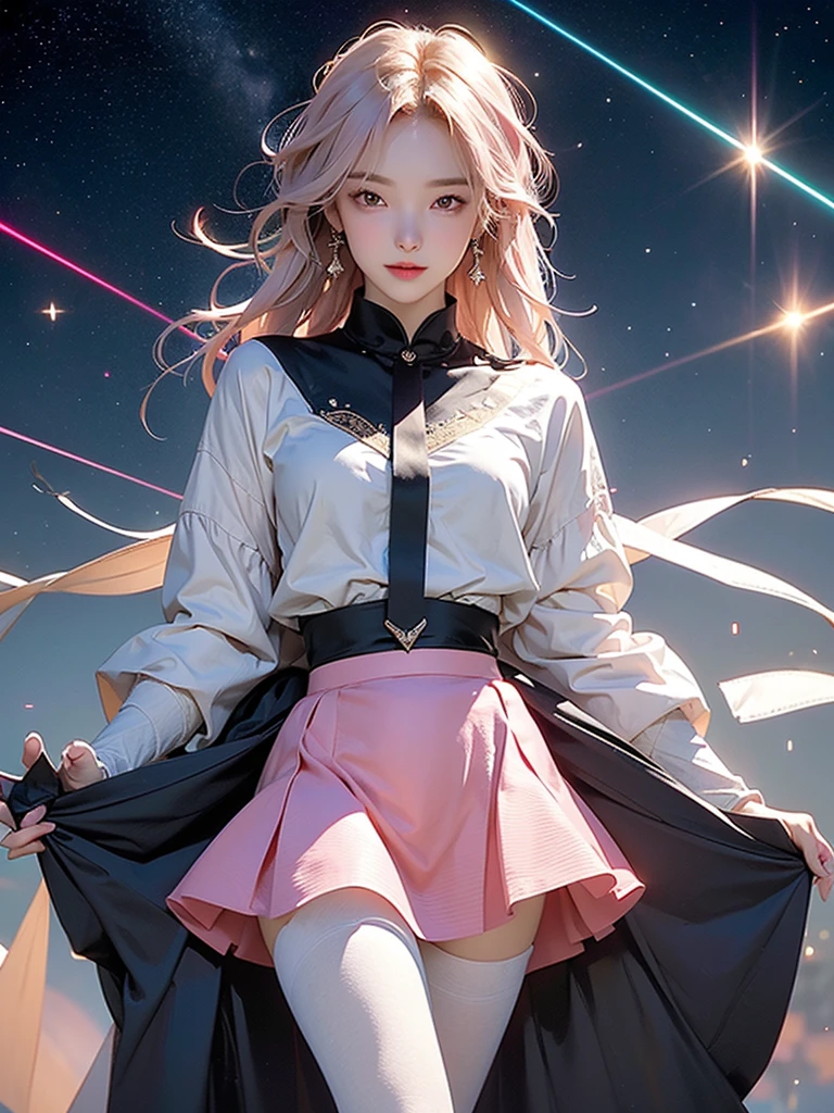 (masterpiece, Beautifully, Rich in detail and highest image quality) Solitary, 1 Girl, Color gradient hair, (skirt laser:1.2), Pantyhose, laser, Starry Sky, laser shining star  , pink lingerie