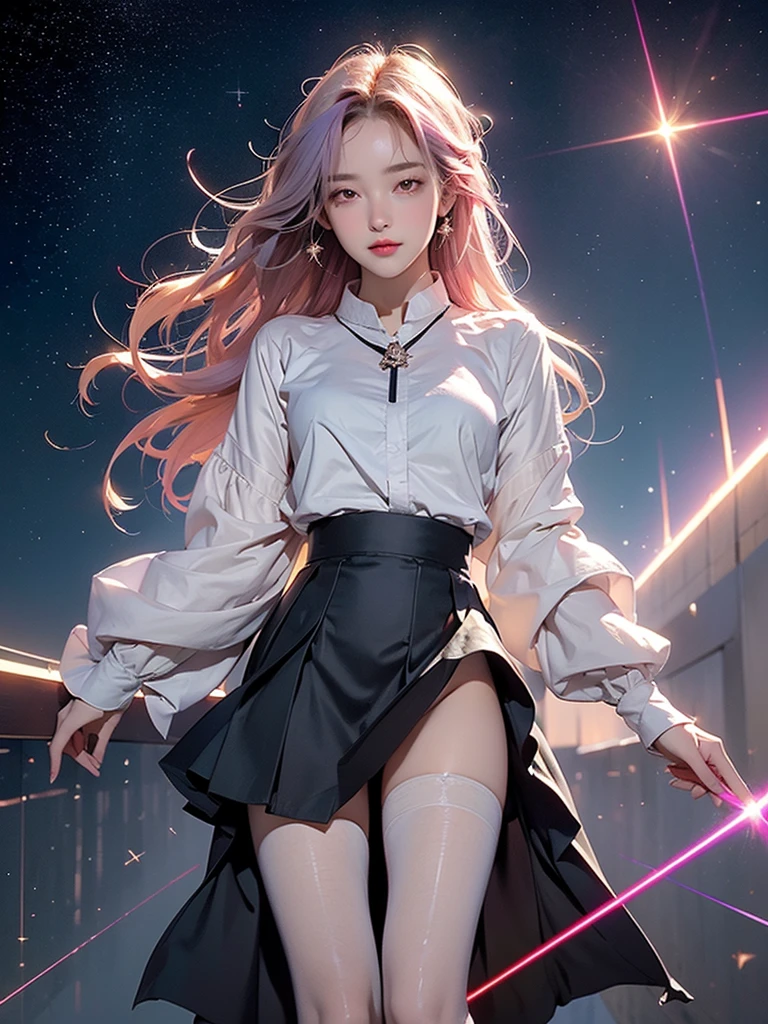 (masterpiece, Beautifully, Rich in detail and highest image quality) Solitary, 1 Girl, Color gradient hair, (skirt laser:1.2), Pantyhose, laser, Starry Sky, laser shining star  , pink lingerie
