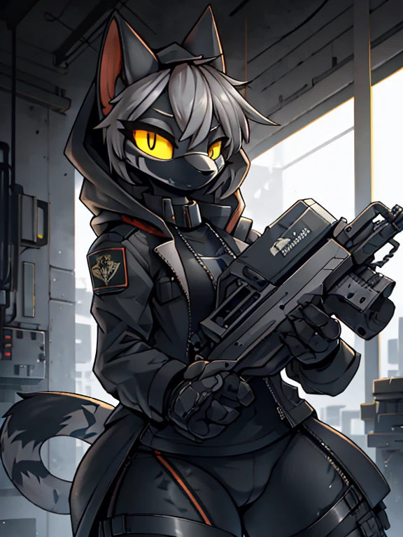 женщина anthro furry tiger ,absurdity, a high resolution, ultra detailed,
1 girl,oversized hooded jacket,whole body,
holding mechanical chainsaw, Original character,girl,gray hair,yellow eyes,shoulder-length hair, complex black mask, military general, {Best quality}}, {{masterpiece}}, {{ultra detailed}}, {illustration}, {detailed light},
Nuclear fusion