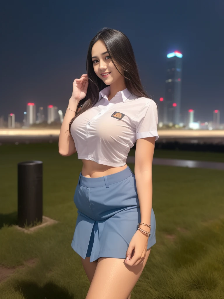 1girl, (uniform), standing, outdoors, night view, detailed Metropolitan city at the background, detailed face, little smile, detailed eyes, big breasts, six pack abs, smooth realistic skin, semi-curvy body, white shirt, grey blue miniskirt, looking at the audience, (8k, RAW photo, best quality, masterpiece: 1.2), (realistic, realistic: 1.37), ultra-high resolution