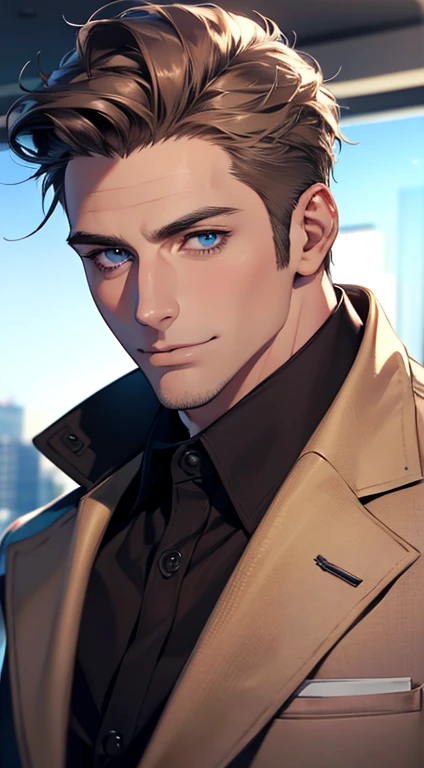 (best quality,4k,8k,highres,masterpiece:1.2),ultra-detailed,(realistic,photorealistic,photo-realistic:1.37),1 man,31 years old,mature man,very handsome,without expression,smile,short grey brown hair,blue eyes,penetrating gaze,perfect face without errors,imposing posture,businessman,office background,cinematic lighting,hdr image