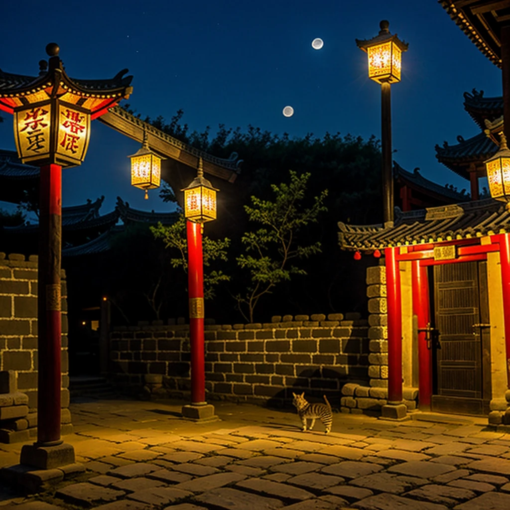 Western Han Dynasty Ancient City，Ancient buildings，A kitten，A kitten走在Western Han Dynasty Ancient City前，night，Bustling old city，moonlight，Brightly lit，lantern，