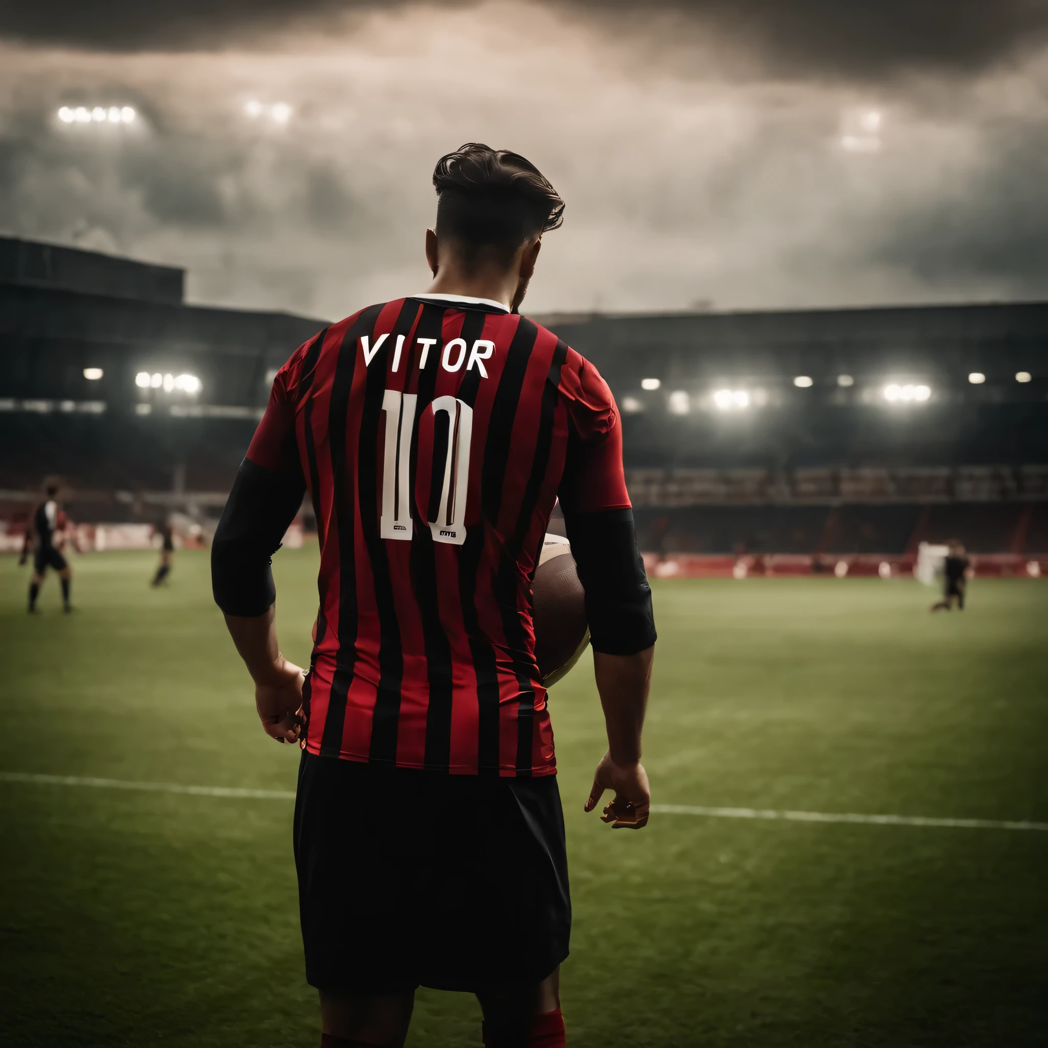 Football player from behind with a black and red horizontally striped shirt with the number 10 and the name vitor