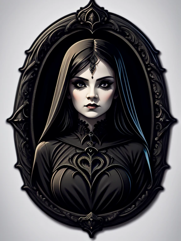 a t-shirt design,a gothic woman in a black dress,gothic art,beautiful,scary gothic maiden,dark fantasy style art,gothic fantasy art,dark fantasy portrait,white background.no shadows. vector