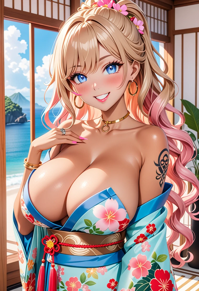 ultra-detailed, ((one girl)), (portrait), (tan skin:1.4), in pastel colors gyaru, (heavy makeup), (professional lighting), hyper detailed, absurdres, 8k, Beautiful Face, (Laugh shyly), ((teasing smile:1.2)), ((happy smile:1.4)), ((Wink:1.5)), (Laugh with your mouth wide open),((Tilt your face:1.6)), View your viewers, ((Bright red cheeks:1.4)),Glossy shocking pink lips, ((huge breasts:1.6)), undressing, ((She is naked up to her shoulders, highlighting her cleavage.)), ((Her tattoo peeked through her kimono:1.2)), noon, summer, Luxury resort with ocean view, ((Anime style background)),masterpiece, Highest quality, (Brighten your face), so beautiful,Latest, Complex details, ((fluorescent pink long nail:1.2)), (ring),(bracelet), (Floral Choker),AI-generated, Complex,High resolution, Highest quality, super high quality,3D Images、3D Images,One person, (blond long hair), (High Ponytail), (wavy hair:1.4), Anime woman posing for a photo, ((Eyes with detailed pupils、blue eyes、glowing eyes:1.3)), BREAK, (Squint your eyes:1.1),a hyperRealistic , hyperRealistic , Realistic,Anime woman with long honey blonde hair, Smooth anime CG art, A girl in a gorgeous pastel-colored kimono, ((Pastel-colored furisode)),(Pink large floral pattern), (sideboob), Long flower hair ornament,large gold hoop earrings, Mature Body, tall,Narrow waist,((dutch angle)), ((model posing:1.3)), extreme close-up shot,