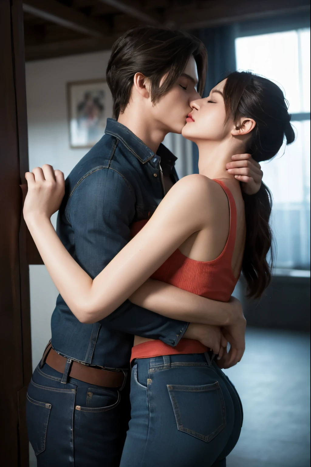 (masterpiece quality), 1girl and 1man Leon, kiss and hug, claireredfield2, wear jeans, side view