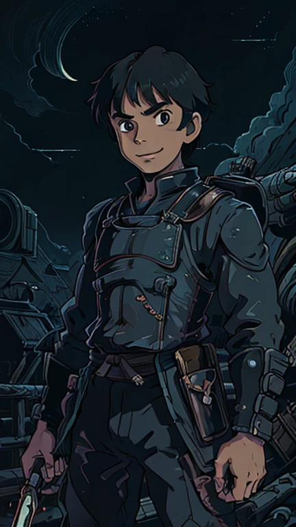 (8k),(masterpiece),(Japanese),(17-year-old boy),((teslapunkai)),((ghibli style art style)),From the front,upper body,Cowboy shot,smile,cute,Innocent,Kind eyes,Flat chest,Black Hair,night,dark,teslapunk background 