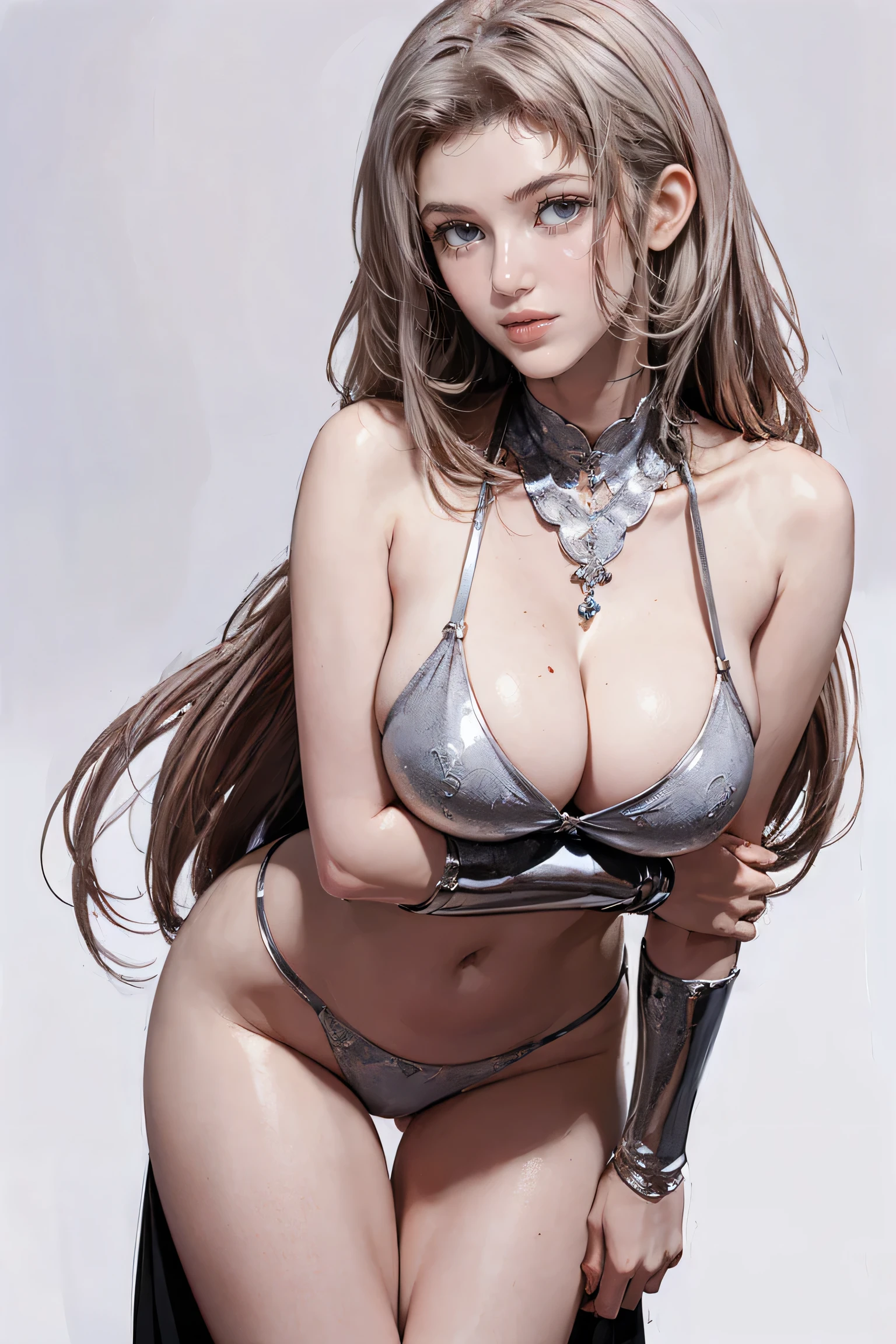 Master of animation, A perfect masterpiece, On a pure white background、Dressed in cool, sexy and modern clothes、Sexy mature modern woman standing, Flowing silver hair, Spanish Curly Hair, Full Body Stand Posture, Thin legs, ((Large Breasts)), Detailed facial details, Natural and beautiful standing posture, Crisp and realistic body detail,(NSFW:0.9)